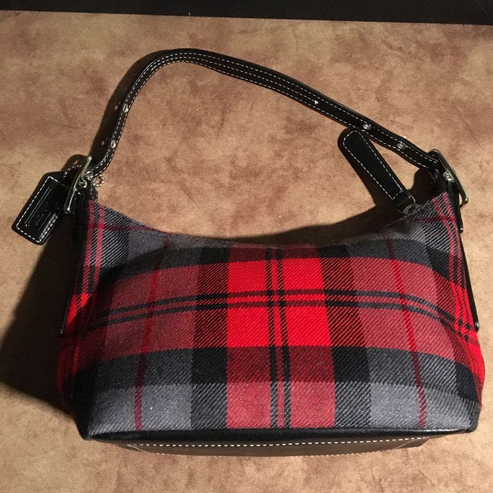 COACH PRE-LOVED VINTAGE AUTHENTIC MINI TARTAN RED WOOL & LEATHER SHOULDER BAG - Picture 5 of 13